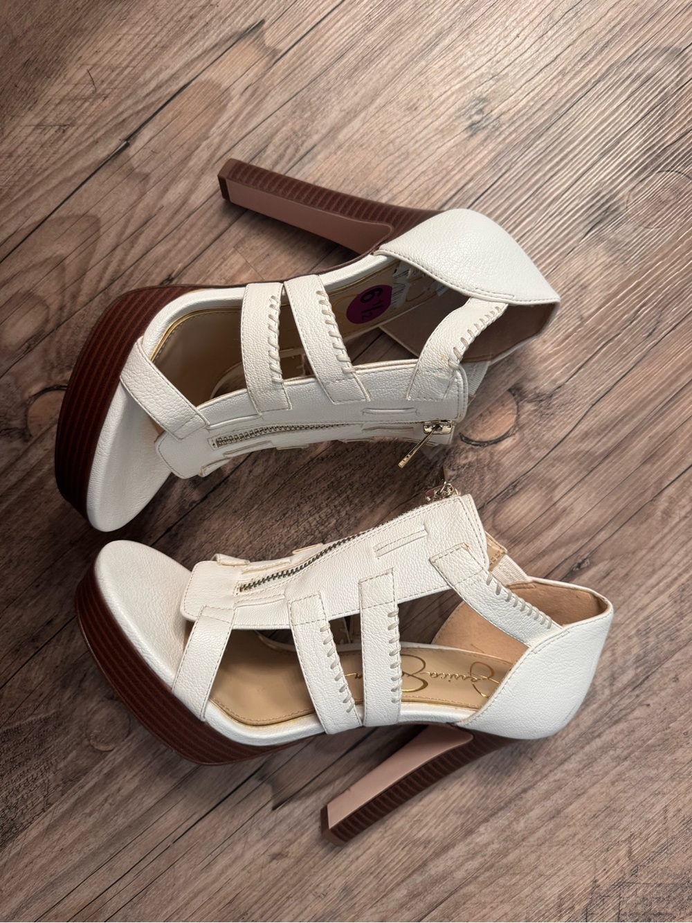 Jessica Simpson Cream Strappy Platform Heels with Brown Wood-Look Sole
